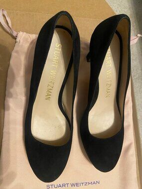 Stuart Weitzman Black Suede Block Heel Pumps Round Toe Slip On